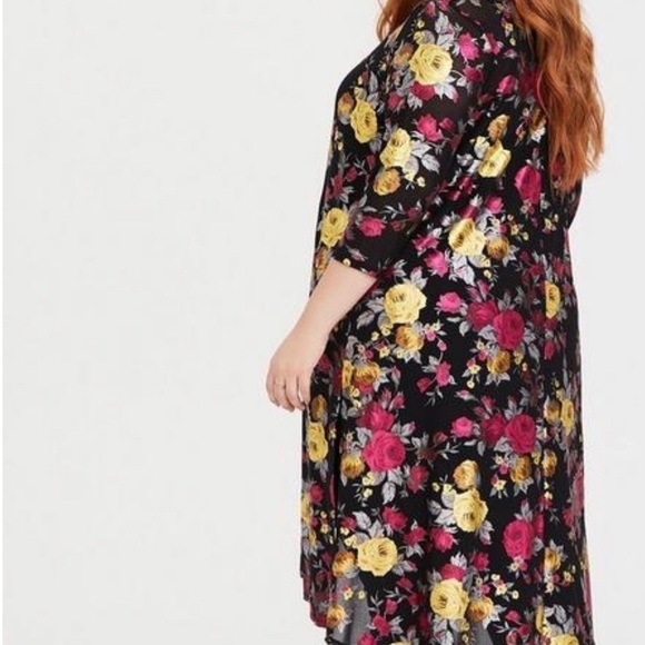 TORRID Mesh Duster Cardigan SZ 1/2 (1X/2X) Black Multicolor Floral Shimmer Slits - Picture 2 of 14